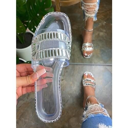 2020 autumn wholesale womens new style rhinestone square buckle transparent bottom comfortable all-match slippers designer expl