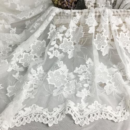 One meter Quality gauze patchwork White Rose Embroidery fabric High grade dress wedding dress DIY tissu