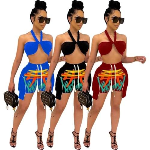 Sexy Wrapped Chest Halter Print Short Tracksuit Women Summer Sportswear Crop Top Drawstring Biker Shorts Two Piece Set Matching