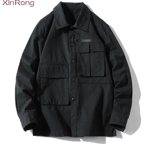 Spring And Autumn Solid Color Mens Street Daily Urban XXXL Shirt Tooling Long-sleeved Chest Pocket Trend Large Size XXXXL Shirt