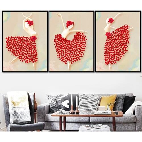 Nordic Red Flower Girl Character Decorative Painting Abstract Ballet Dancer Poster Childrens Bedroom Bedside Wall Art Pictures