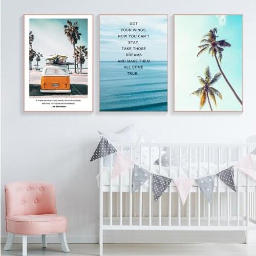 Modern Landscape Tropical Sea Palm Tree Bus Wall Art Inspirational Canvas Painting Picture Living Room Home Decoration
