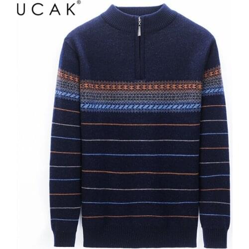 UCAK Brand Pure Merino Wool O-Neck Zipper Sweaters Men Clothing Streetwear Warm Sweater Pull Homme Winter Casual Pullover U3200