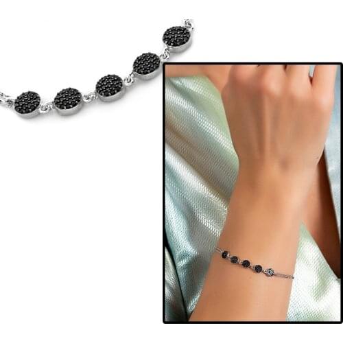 Tesbihane Black Zircon Cubic Zirconia Elegant Design 925 Sterling Silver Water Ways Female Bracelet