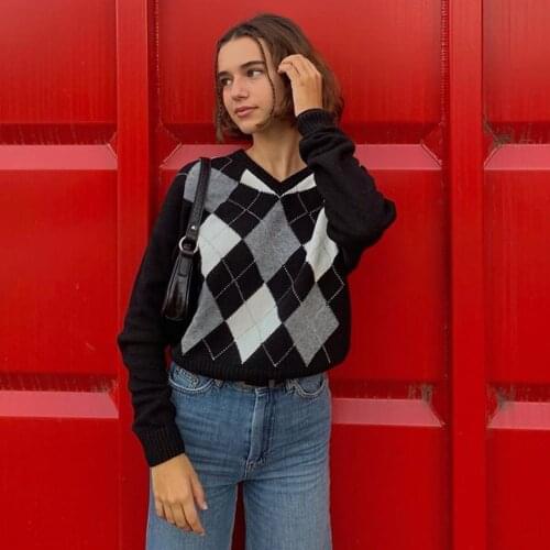 Y2K English Style Argyle Knit Sweater Women 90s Plaid Black Pullovers Long Sleeve V Neck Knitwear For Autumn Winter 2020