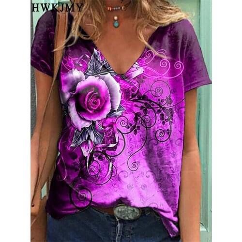 Womens Clothing Summer Casual V-neck Short Sleeve Shirts Butterfly Printed Tops Ladies Plus Size Loose Cotton T-shirts XS - 8XL