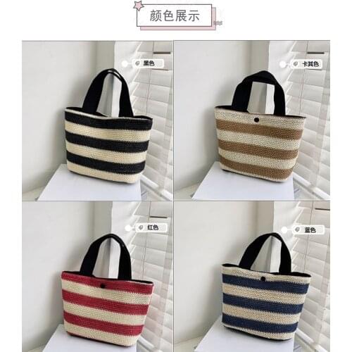 Women Woven Tote Bag for Casual Beach Holiday Daily Shopping, Color Block Striped Straw Handbag with Magnetic Snap