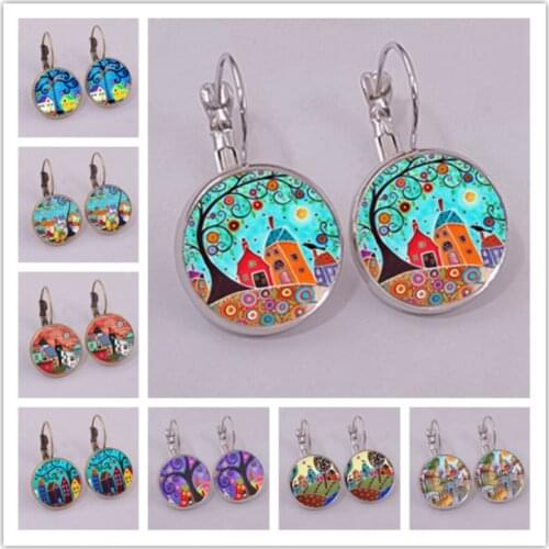New Arrival Colorful House and Tree Women Stud Earring Abstract Oil Painting House Glass Cabochon Womens Earrings