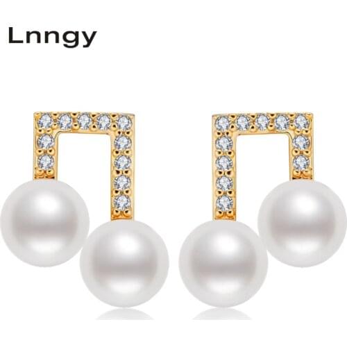 Lnngy 14K Gold Filled Musical Note Stud Earrings 6-6.5mm Natural Cultured Freshwater Pearl Earrings Women Fine Jewelry Gifts