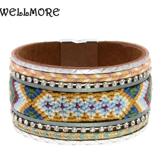 WELLMORE army green bracelet Bohemia handmade cotton bracelet leather bracelets wrap bracelets for women jewelry wholesale