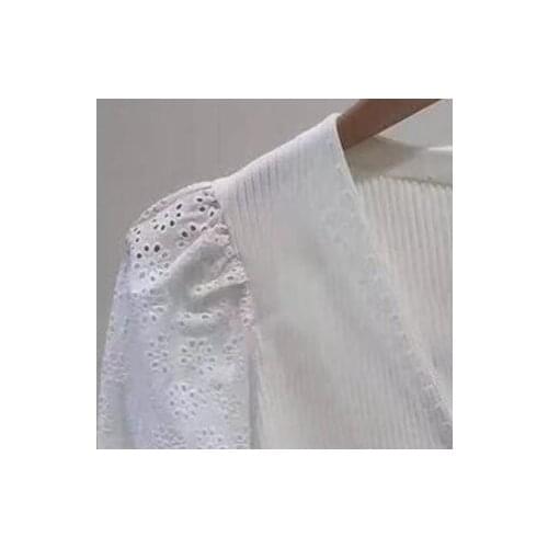 Womens Knitted Sweater V-Neck Floral Embroidery Hollow Out Puff Sleeve Single Breasted 2021 Summer Autumn Ladies Swet Top