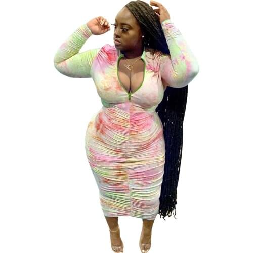 Echoine Plus Size Gradient Pleated Long-sleeved Dress Maxi Dresses for Women Skinny Vestidos