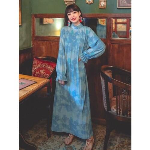 Summer New Womens Dress Retro Rendering Print Bohemian Resort Style Beach Dress Draping Loose Lantern Sleeve Long Dress