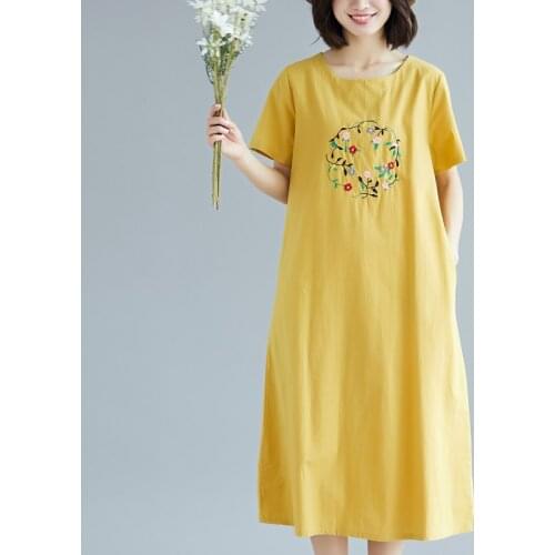 2021 New Arrival Short Sleeve Loose Summer Dress Linen Cotton embroidery Floral Vintage Dress Plus Size Women Casual Midi Dress