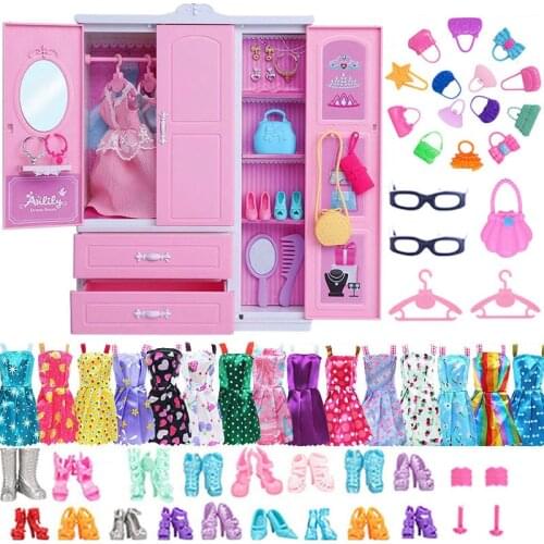Barbies 31 Items/Set Dollhouse Furniture=1*Wardrobe+30*Doll Accessories Doll Clothes Dresses Crowns Necklace Shoes For Barbie