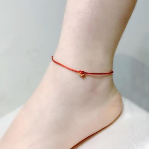 ZHIXI Real 24K Gold Anklet 999 Gold Heart Pendant Adjustable Red Rope for Women Fine Jewelry Gift J573