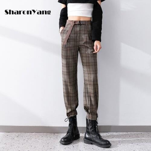 Plaid Pants Women Spring Autumn Harem Pants High Waist Overalls Streetwear Slacks with Belt Female Trousers Cargo Pants Women