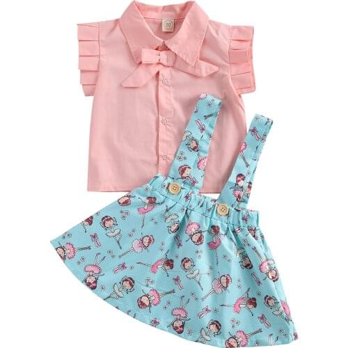 Citgeett Summer Kids Girls Skirt Two Pieces Suit Fresh Solid Short Sleeve Button Top and Printed Suspender Skirt Set