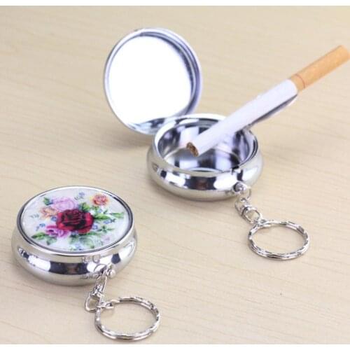 Flower Outdoor Car Mini Pocket Stainless Steel Round Ashtray Keychain