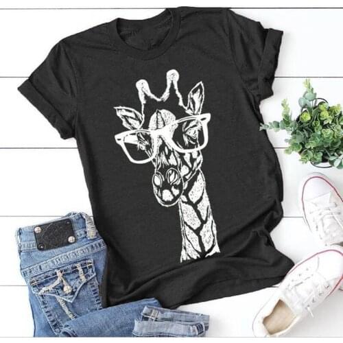 Women Short Sleeve Glasses Giraffe Printed Tshirt Graphic O-neck Tops Loose Casual High Street T-shirt Poleras Mujer #P3