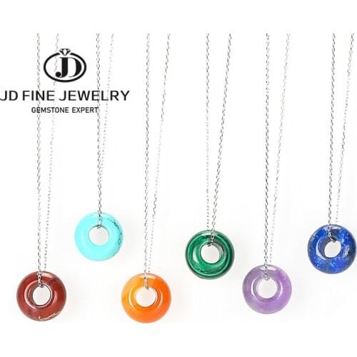 JD Big Hole Beads & Stainless Chain Pendant Natural Stone 7*13mm Spacer Bead Women Lucky 925 Silver Color Necklace 26colors