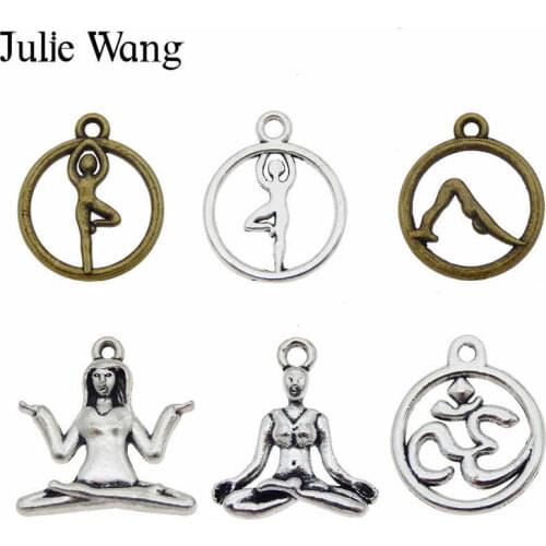 Julie Wang 12PCS Mixed Yoga Pose OM Meditate Charms Antique Colors Alloy Necklace Earrings Bracelet Jewelry Making Accessory