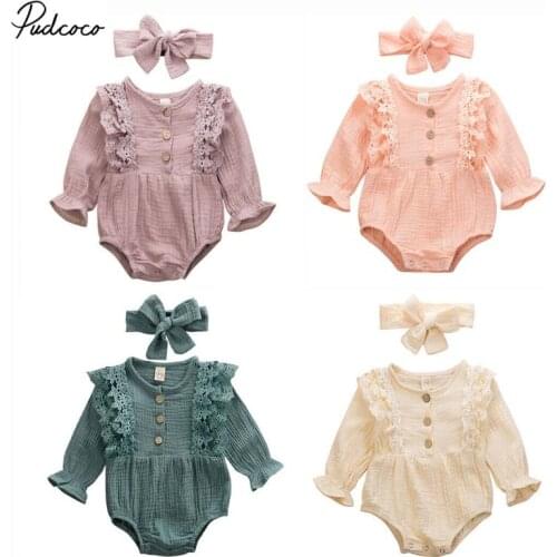 2PCS Baby Clothes Newborn Infant Kids Girls Warm Cotton Linen Button Ruffled Jumpsuit Bodysuit Headband