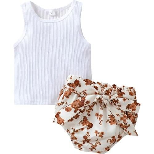 2Pcs Toddlers Summer Outfit Solid Color O-Neck Ribbed Tank Tops + Floral Elastic Waist Shorts for Baby Girls, 0-24 Months