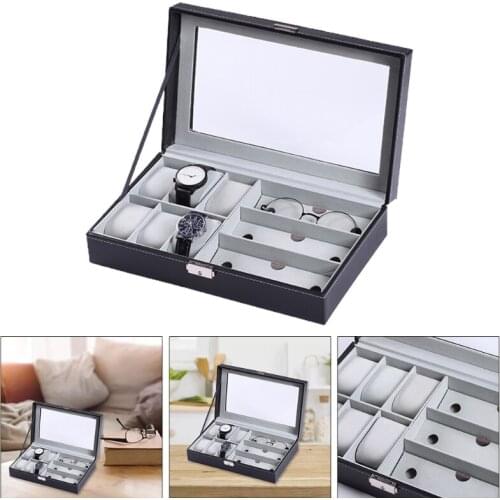 Multi-grids Jewelry Bracelet Case Display Holder PU Leather Watch Storage Box Glasses Organizer