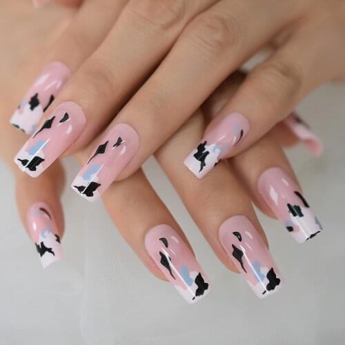 Medium Pink Fake Nails Square Cows Glossy Press On Nails Full Cover Artificial False Manicure Nail UV Gel Coat