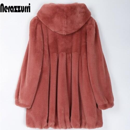 Nerazzurri Pleated light soft faux fur coat women with hood Skirted fluffy jackets for women Womens plus size fall fashion 2020
