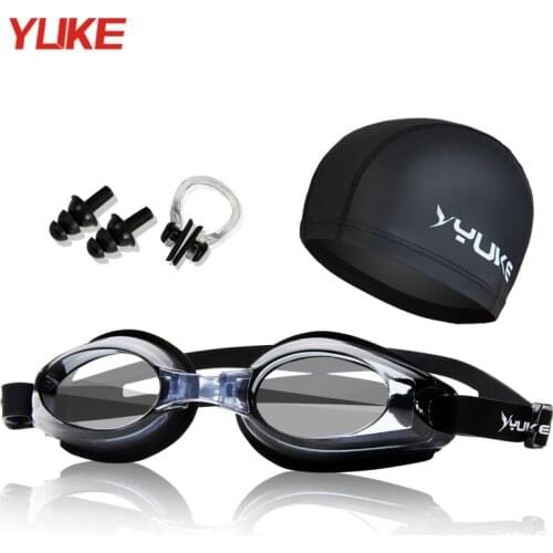 YUKE Swimming goggles Anti Fog Flat Goggles Swimming Glasses Eyewear With Ear Protect Plug Nose Clip PU Swim Cap for men women