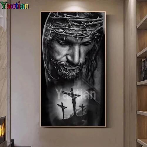 Full 5D Diy Daimond Painting Cross-stitch Black and white jesus religious 3D Diamond Painting Rhinestone Painting Embroidery