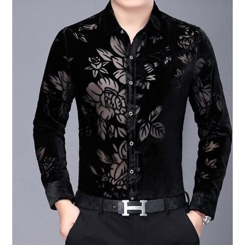 Flowers See Through Velvet Shirts For Mens Stretch Black Velour Shirts Big Size Transparent Sexy Club Summer Clothing Husband