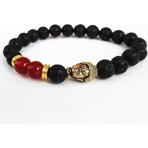 Retail Hot Sale Jewelry 8mm Lava Stone Beads and Red Nature Beads with Antique Gold Buddha Mens Bracelets,Yoga Bracelet