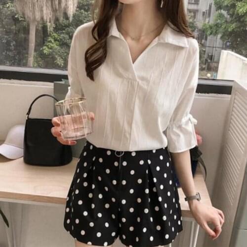 Solid Color Shirt Women Lace-up Bow Tie V-Neck Half Sleeves Shirt Women Casual Cotton Blends Tops Plus Size 3XL