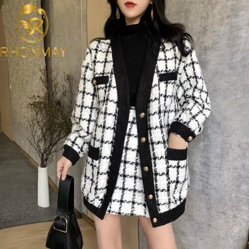 New 2020 Autumn Women Plaid Two Piece Set Ladies Long Sleeve Woolen Tweed Jacket Coat + Short Pencil Office Skirt Suits