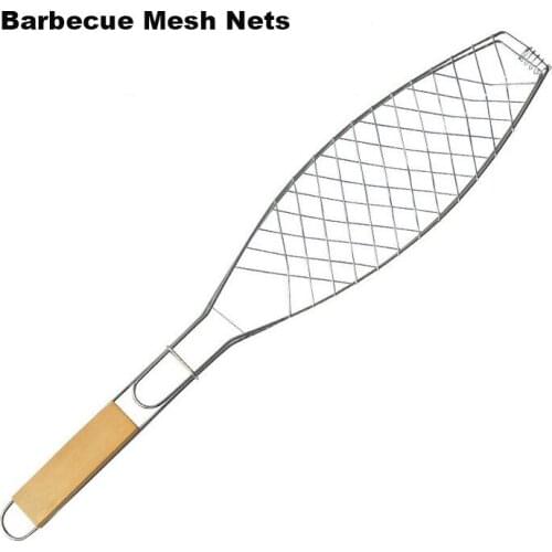 1 PC Stainless Steel Portable Barbecue Grilling Basket with Wooden Handle for Fish Vegetable Steak Shrimp BBQ Tool Accessories