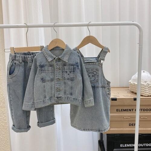 2021 Spring New Baby Girls Clothing Sets Casual Denim Jackets Jeans Cute Bear Strap Dress Kids 3pcs Set for Girls Children Suits