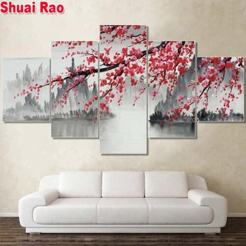 5d diamond painting 5 Panel Chinese set Plum Wall Art Picture diamond mosaic square round diamond Landscape embroidery