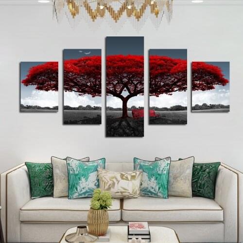 No Framed 5 Pieces Abstract Red Tree Canvas Art Painting Prints Wall Decorative Posters for Living Room Bedroom Home Decor