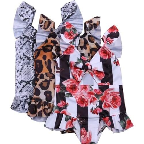 Baby Summer Ruffled Swimwear, Leopard/Snake/Floral Print Ruffle Sleeve V-Neck Hollow Out Swimsuit for Toddlers, Girls One Piece