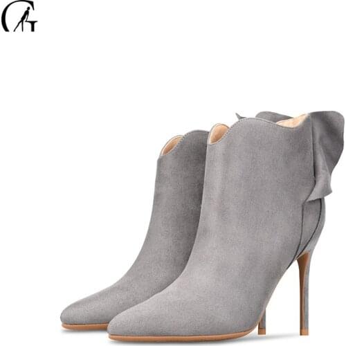 GOXEOU Womens Short Boots Flock 4 Colors Pointed Toe Wavy Fold Thin Heels Party Office Fashion Ladies Shoes Size Size 32-46