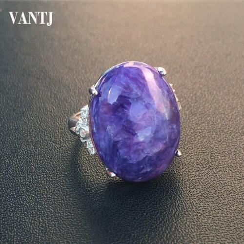 VANTJ Big Stone Natural Charoite Ring 925 Sterling Silver oval15*20mm Women and Lady Wedding Engagment Party Gift Box