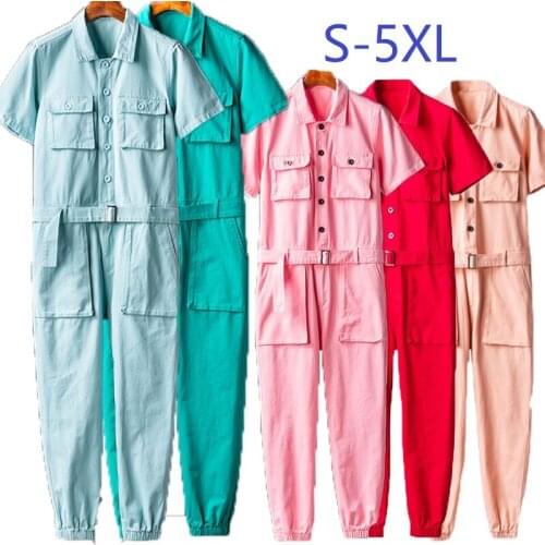 Summer Men Jumpsuit Short Sleeve Multi-Pocket Beam Feet Overalls Streetwear Clothing Cargo Pants Hip Hop Trousers Rompers S-5XL