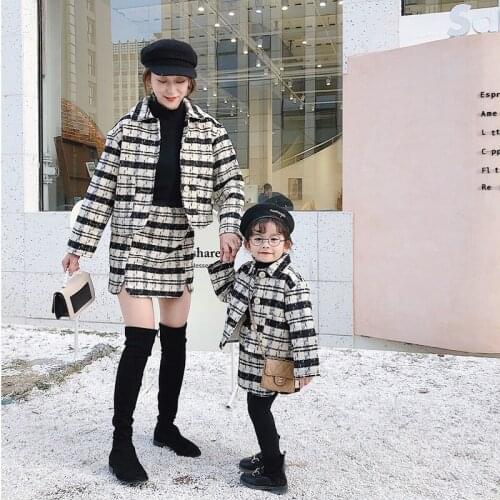 Mother and Daughter Matching Plaid Suit Clothes Winter Mom Mum and Baby Dress Girls Princess Wedding Dress Cotton Family Jackets