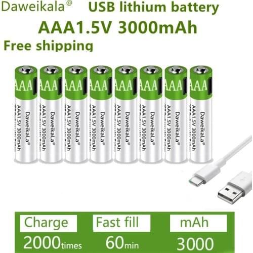 Fast charging 1.5VAAA lithium ion battery with 3000mah capacity and USB rechargeable lithium USB battery for toy keyboard
