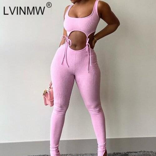LVINMW Sexy Fitness Sports Hollow Out Lace Up Fashion Rib Knit Square Collar Sleeveless Backless Tank Top Skinny Elastic Pants