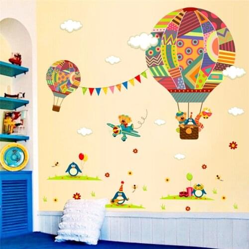 Cartoon hot air balloon airplane wall stickers for kids rooms pvc wall art decor penguin bear animals wall decals diy posters
