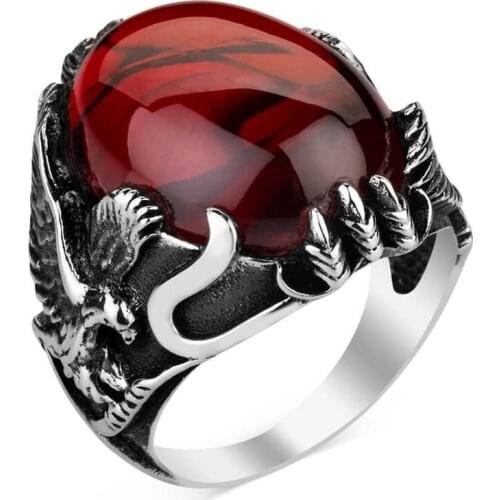 925 Sterling Silver Red Zircon Mens Ring with Eagle Zirconia Ring for Men Male Ring with Eagle Animal Silver Ring